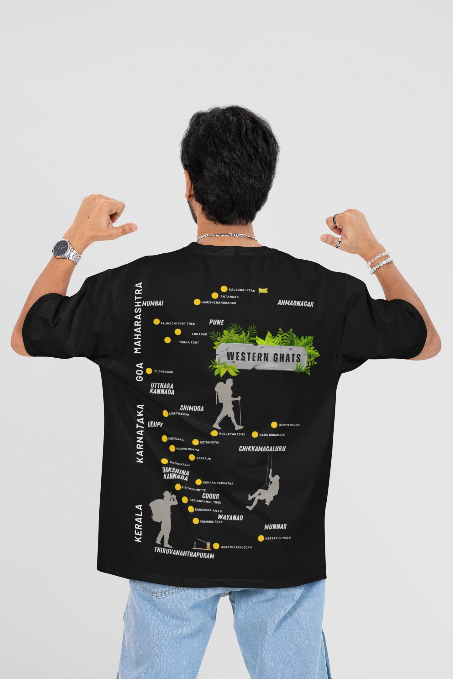 Exploring Western Ghats Oversized T-Shirt for Men – Adventure Map Back Print | Black Drop Shoulder Tee by ShirtlessClub