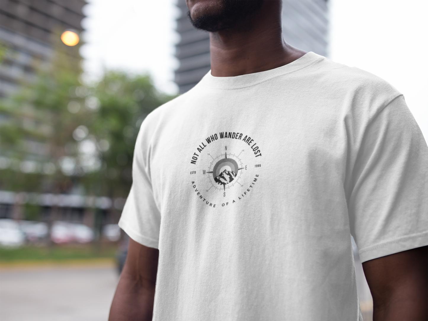 ShirtlessClub Men's White Adventure of a LifetimeT-Shirt | “Not All Who Wander Are Lost”|Navigation Compass Tshirt | Regular Fit Cotton Tee | Travel, Trekking & Gymwear