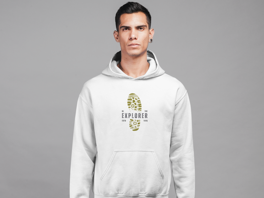 ShirtlessClub Men's White SnowSoft Hoodie | “Explorer” Shoe Sole Footprint Print | Loose Fit Cotton Pullover | Adventure Club Winterwear