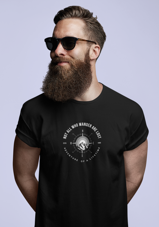 ShirtlessClub Men's Black Adventure of a LifetimeT-Shirt | “Not All Who Wander Are Lost” | Navigation Compass Tshirt | Regular Fit Cotton Tee | Travel, Trekking & Gymwear