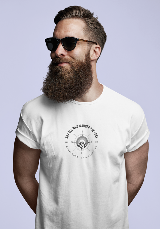 ShirtlessClub Men's White Adventure of a LifetimeT-Shirt | “Not All Who Wander Are Lost”|Navigation Compass Tshirt | Regular Fit Cotton Tee | Travel, Trekking & Gymwear