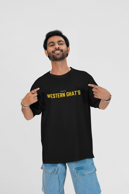 Exploring Western Ghats Oversized T-Shirt for Men – Adventure Map Back Print | Black Drop Shoulder Tee by ShirtlessClub