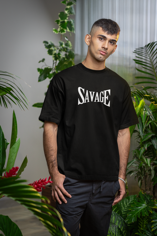 ShirtlessClub Oversized Gym T-Shirt for Men | SAVAGE Print | Heavy Cotton 220 GSM – Black / Midnight Blue