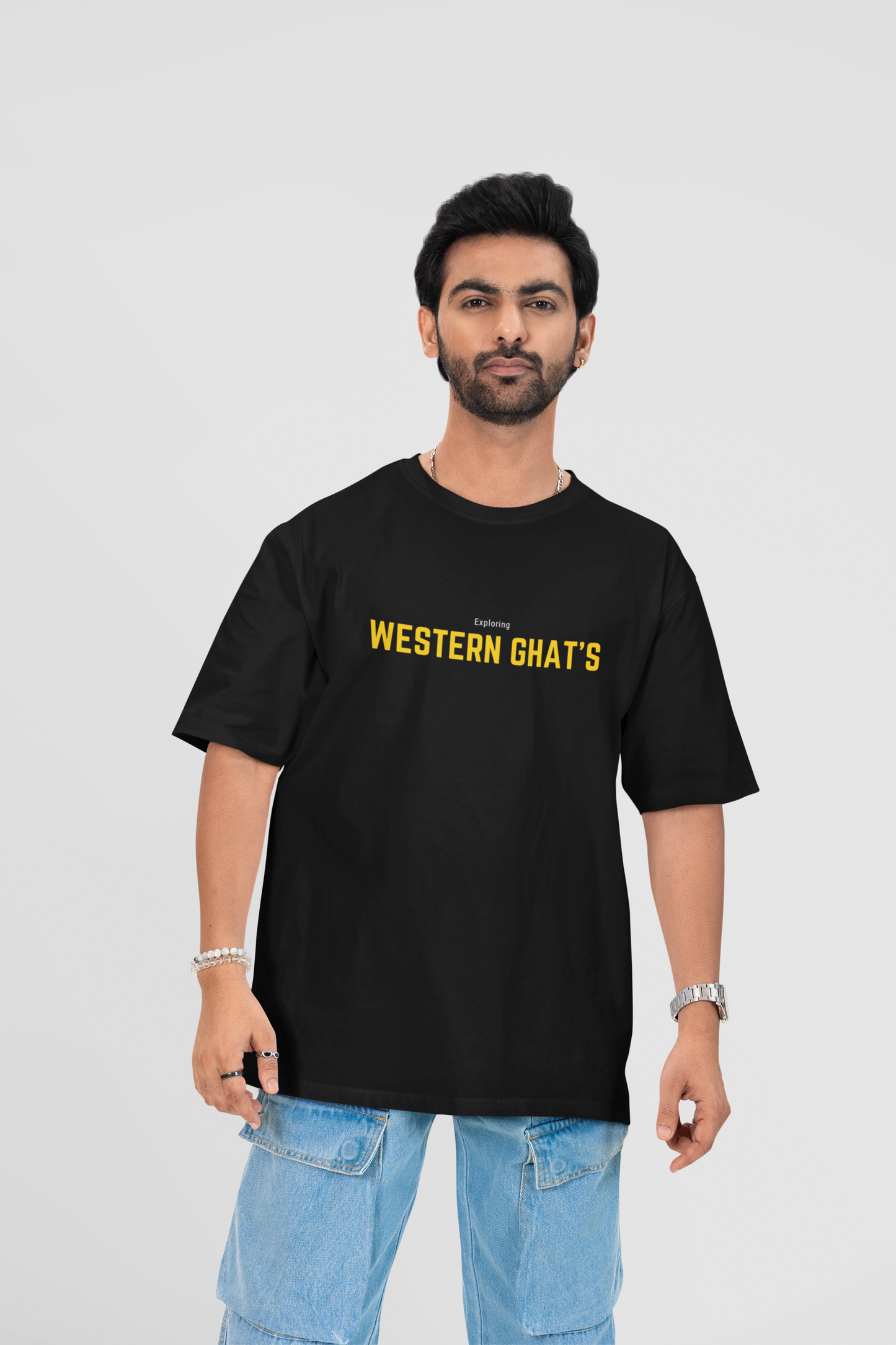 Exploring Western Ghats Oversized T-Shirt for Men – Adventure Map Back Print | Black Drop Shoulder Tee by ShirtlessClub