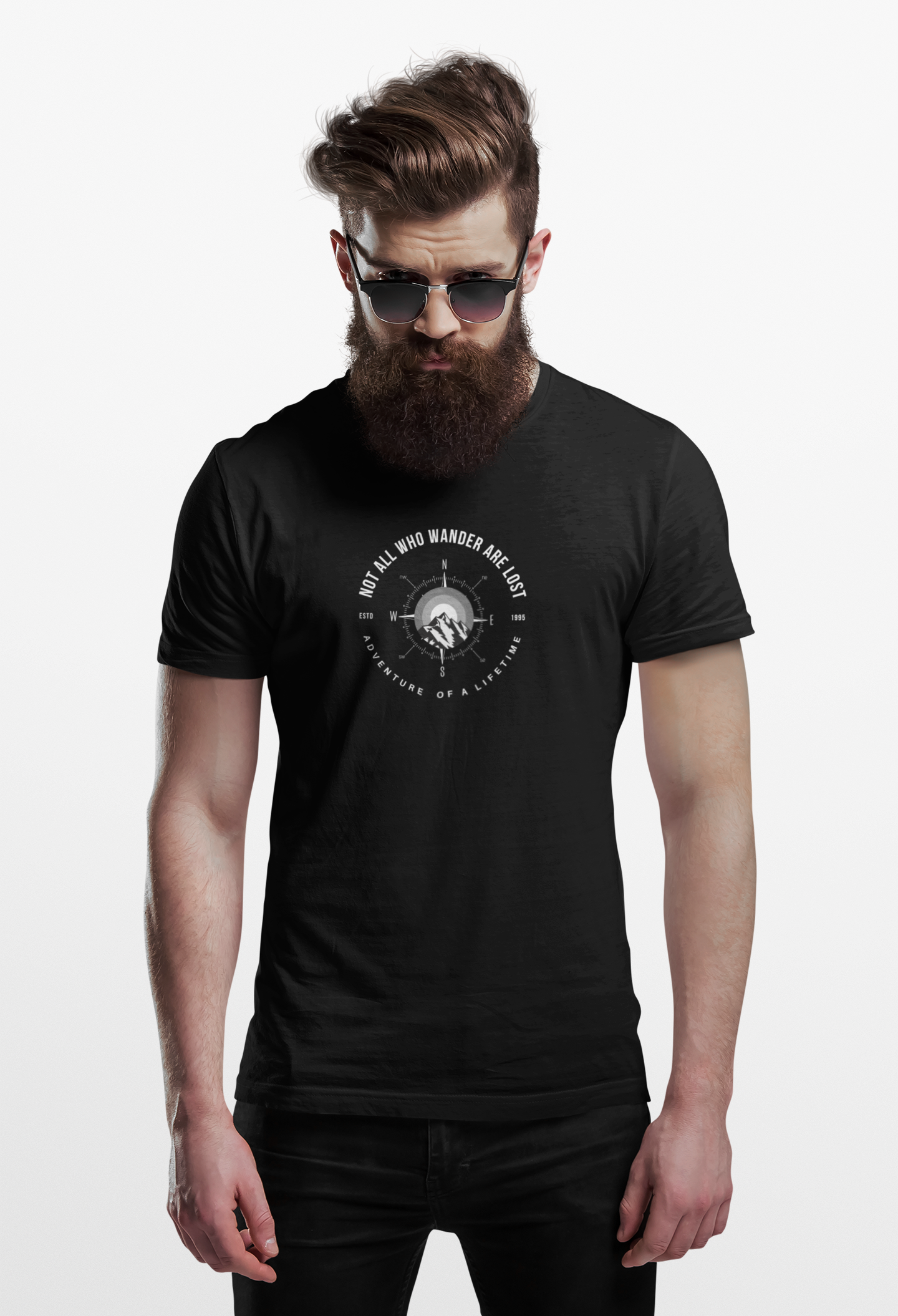 ShirtlessClub Men's Black Adventure of a LifetimeT-Shirt | “Not All Who Wander Are Lost” | Navigation Compass Tshirt | Regular Fit Cotton Tee | Travel, Trekking & Gymwear
