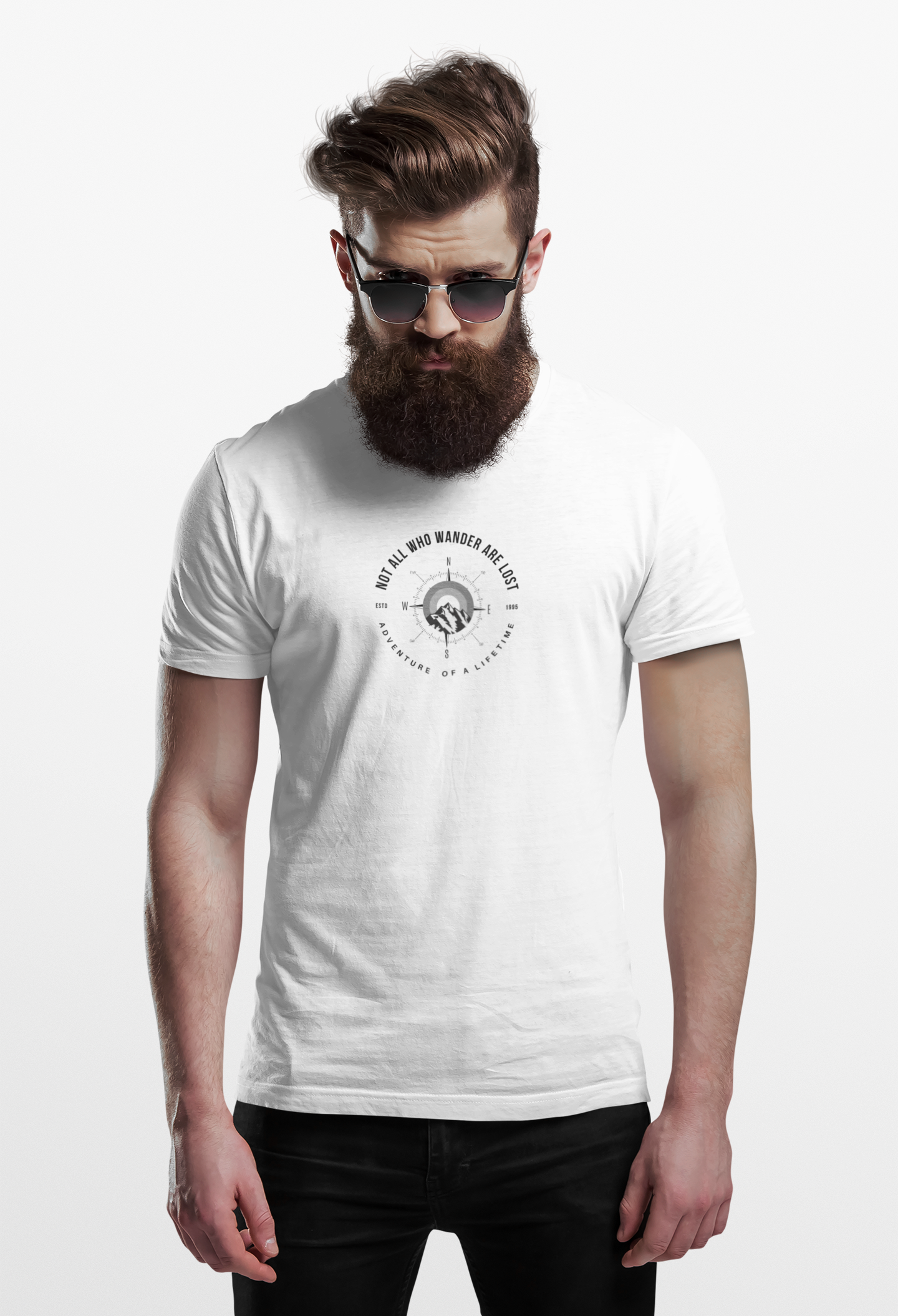 ShirtlessClub Men's White Adventure of a LifetimeT-Shirt | “Not All Who Wander Are Lost”|Navigation Compass Tshirt | Regular Fit Cotton Tee | Travel, Trekking & Gymwear