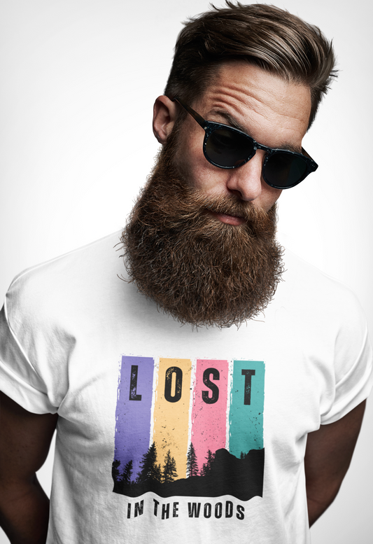 ShirtlessClub Men's White Adventure T-Shirt | “Lost in the Woods” Print | 100% Cotton | Regular Fit Round Neck Tee for Travel & Trekking