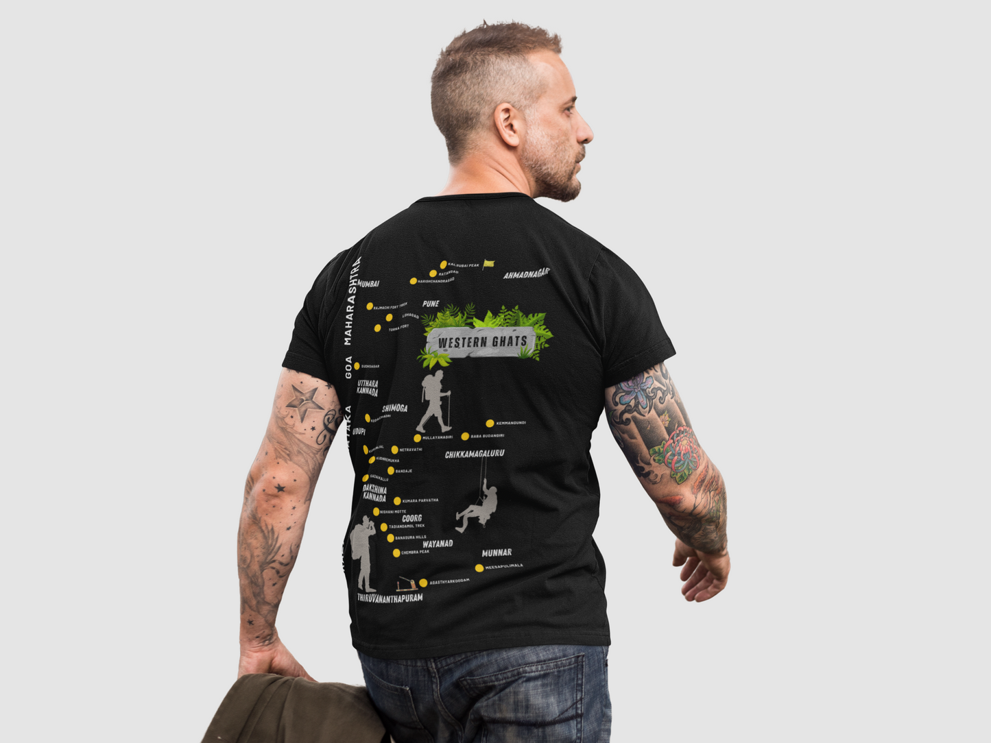 Exploring Western Ghats Oversized T-Shirt for Men – Adventure Map Back Print | Black Drop Shoulder Tee by ShirtlessClub