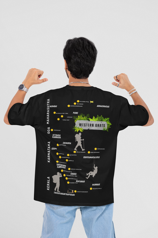 Exploring Western Ghats Oversized T-Shirt for Men – Adventure Map Back Print | Black Drop Shoulder Tee by ShirtlessClub