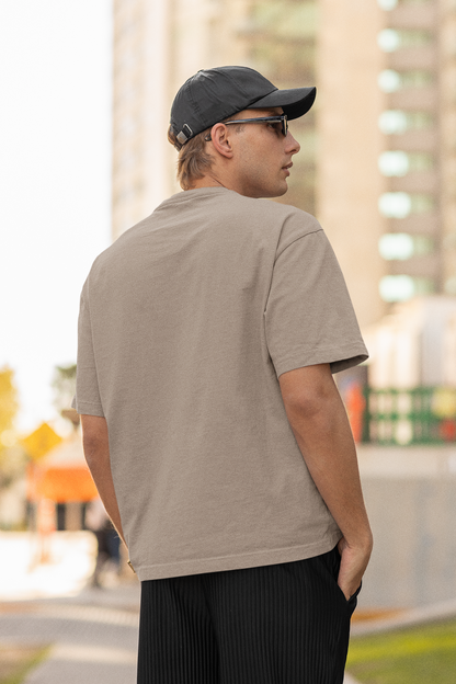 ShirtlessClub – Oversized Gym T-Shirt for Men | ZCZ – Zero Comfort Zone | 220 GSM Heavy Cotton – White / Taupe