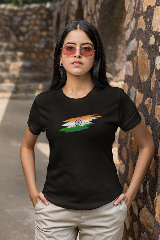 ShirtlessClub – Independence Day T-Shirt for Women | Tricolor Chest Print | 100% Cotton – Black