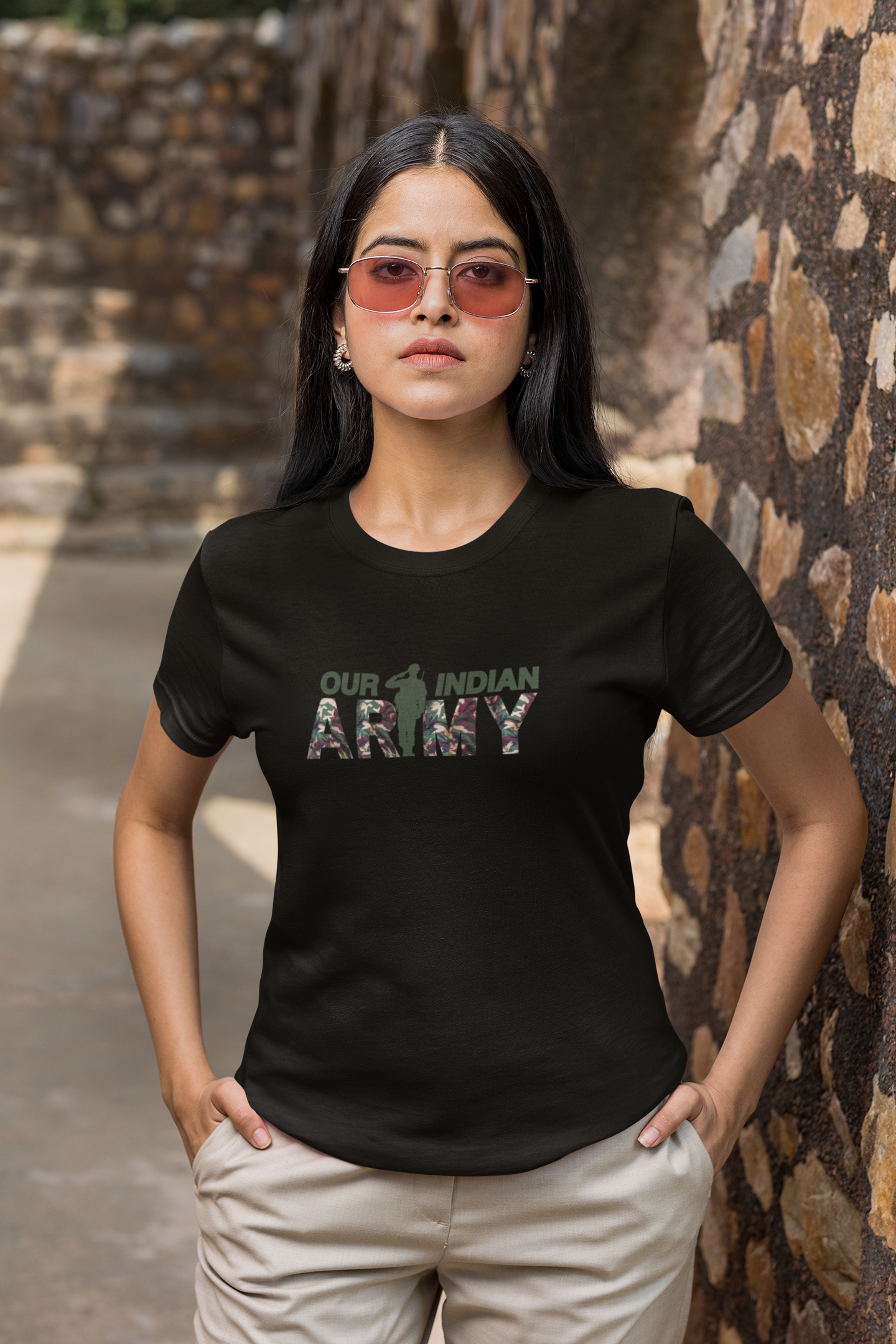ShirtlessClub – Indian Army Tribute T-Shirt for Women | ARMY Print & Officer Illustration | 100% Cotton – Black