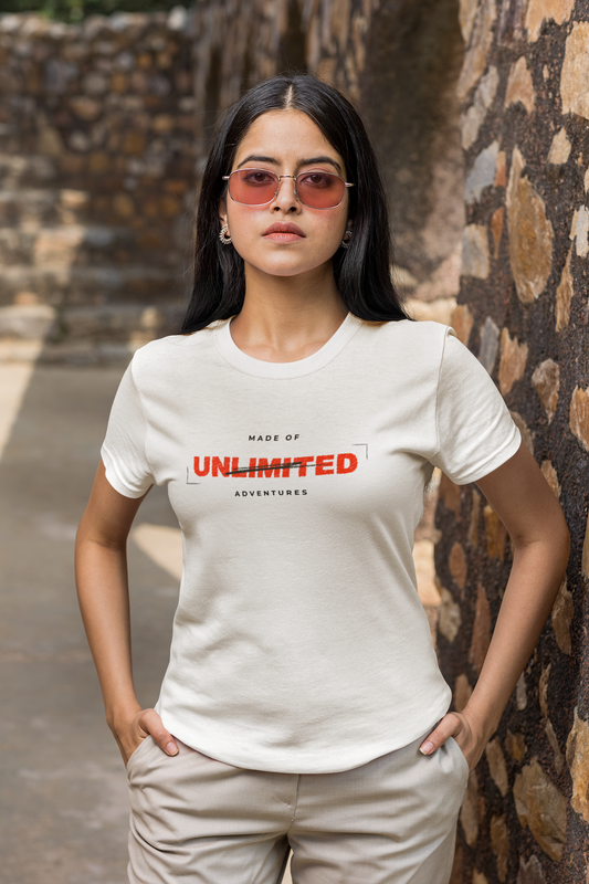 ShirtlessClub Women's White Adventure T-Shirt | 100% Cotton Regular Fit | "Made of Adventures" Graphic Tee | Casual, Trekking & Gym Wear