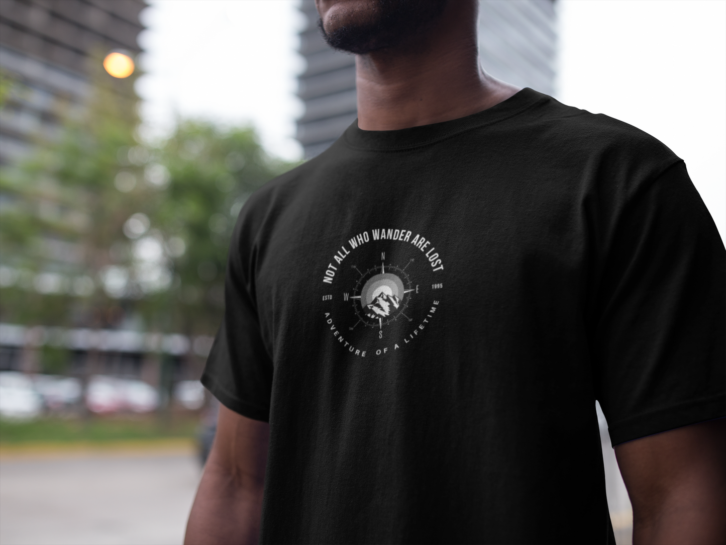 ShirtlessClub Men's Black Adventure of a LifetimeT-Shirt | “Not All Who Wander Are Lost” | Navigation Compass Tshirt | Regular Fit Cotton Tee | Travel, Trekking & Gymwear