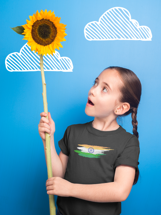 ShirtlessClub – Girl Kids Independence Day T-Shirt | Indian Flag Stripes | Black Cotton Tee