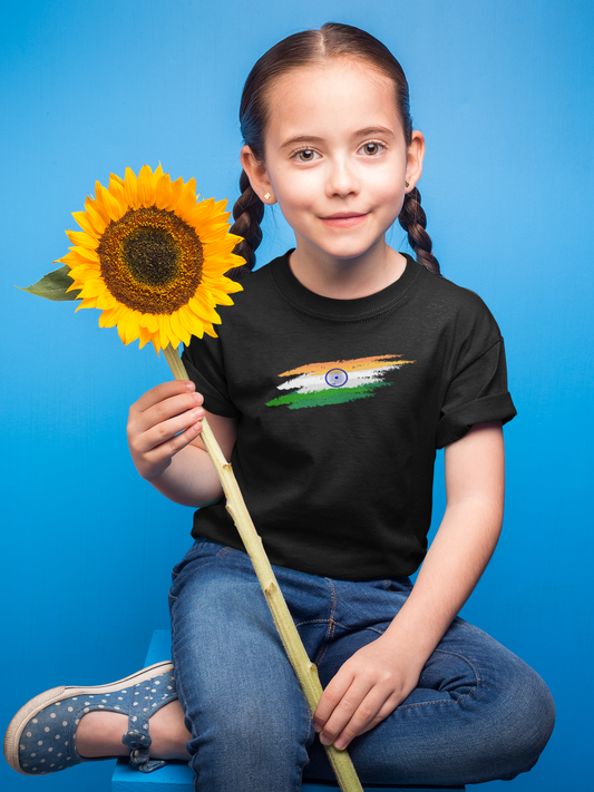 ShirtlessClub – Girl Kids Independence Day T-Shirt | Indian Flag Stripes | Black Cotton Tee