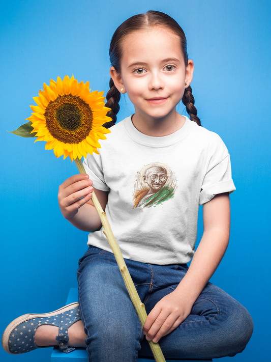 Mahatma Gandhi T-Shirt for Girl Kids – White Cotton Tee | Independence Day Wear by ShirtlessClub