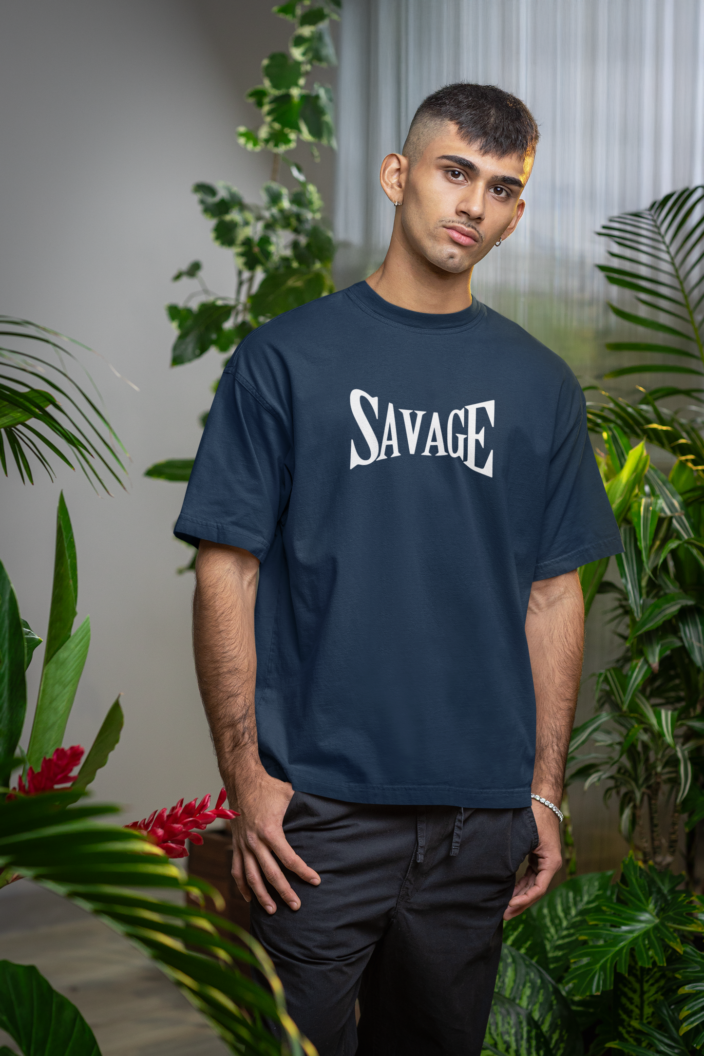ShirtlessClub Oversized Gym T-Shirt for Men | SAVAGE Print | Heavy Cotton 220 GSM – Black / Midnight Blue