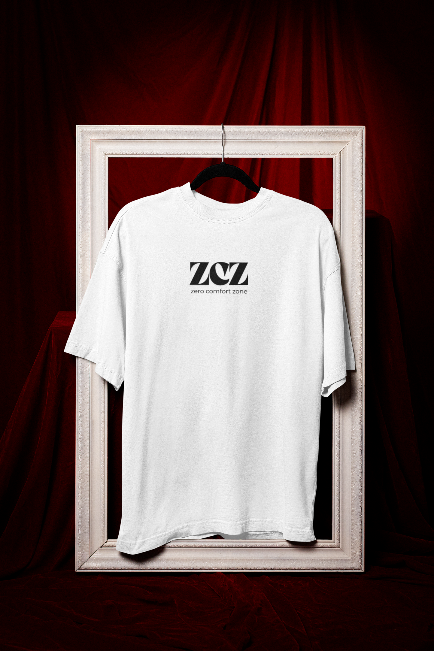 ShirtlessClub – Oversized Gym T-Shirt for Men | ZCZ – Zero Comfort Zone | 220 GSM Heavy Cotton – White / Taupe