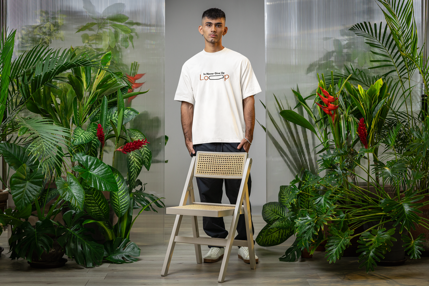 ShirtlessClub – Oversized Gym T-Shirt for Men | Never Give Up Loop Design | 220 GSM Cotton – White / Half White