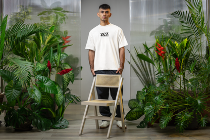 ShirtlessClub – Oversized Gym T-Shirt for Men | ZCZ – Zero Comfort Zone | 220 GSM Heavy Cotton – White / Taupe