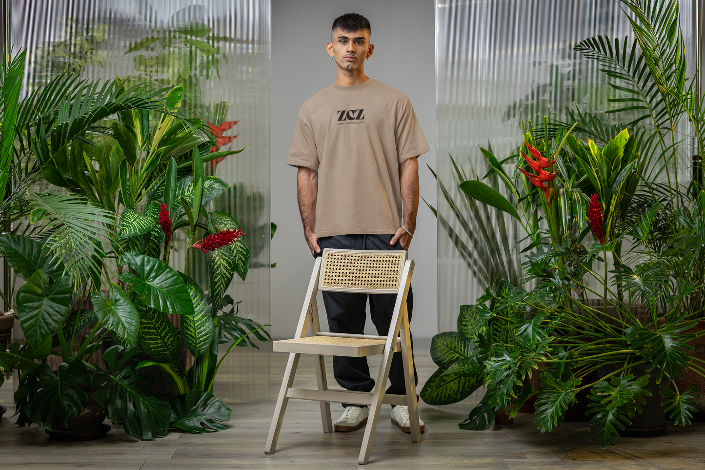 ShirtlessClub – Oversized Gym T-Shirt for Men | ZCZ – Zero Comfort Zone | 220 GSM Heavy Cotton – White / Taupe