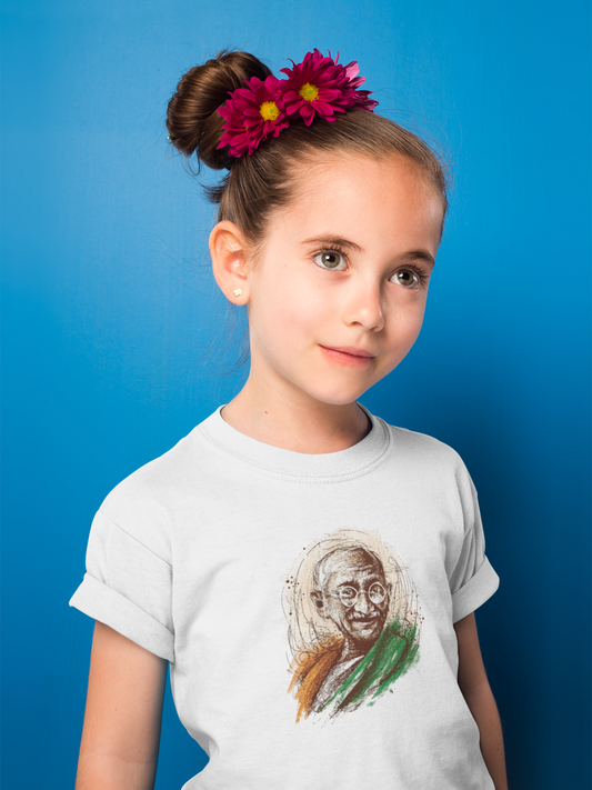 Mahatma Gandhi T-Shirt for Girl Kids – White Cotton Tee | Independence Day Wear by ShirtlessClub