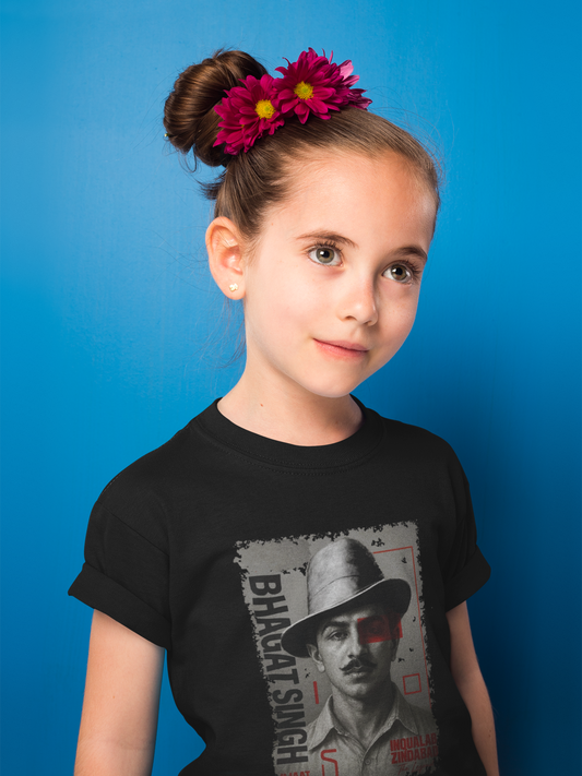 Inquilab Zindabad  – Bhagat Singh Design | Black Girl Kids T-Shirt| Independence Day by ShirtlessClub
