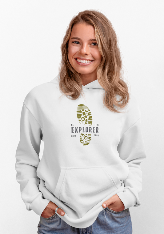 ShirtlessClub Women's Explorer Footprint Design White Pullover Hoodie | SnowSoft Cotton Fleece | Loose Fit Adventure Club Hoodie | Travel & Trekking Wear