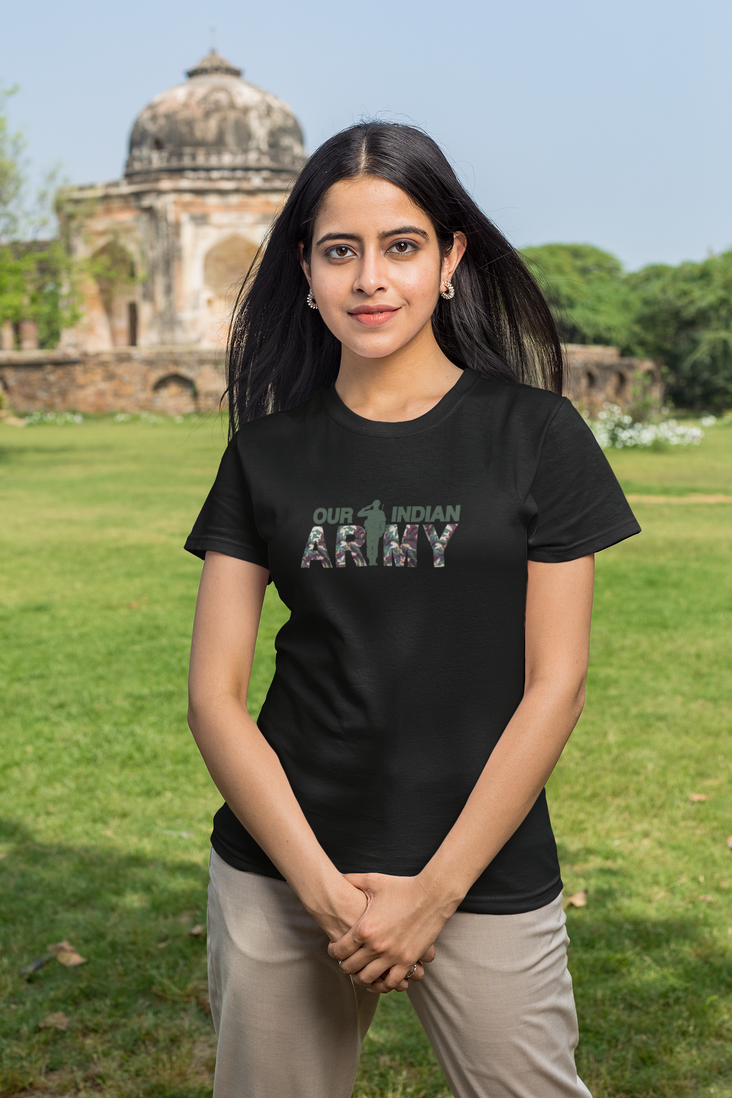 ShirtlessClub – Indian Army Tribute T-Shirt for Women | ARMY Print & Officer Illustration | 100% Cotton – Black