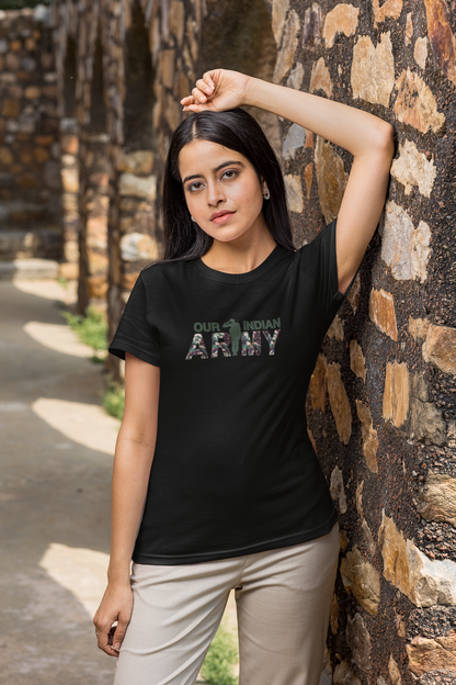 ShirtlessClub – Indian Army Tribute T-Shirt for Women | ARMY Print & Officer Illustration | 100% Cotton – Black