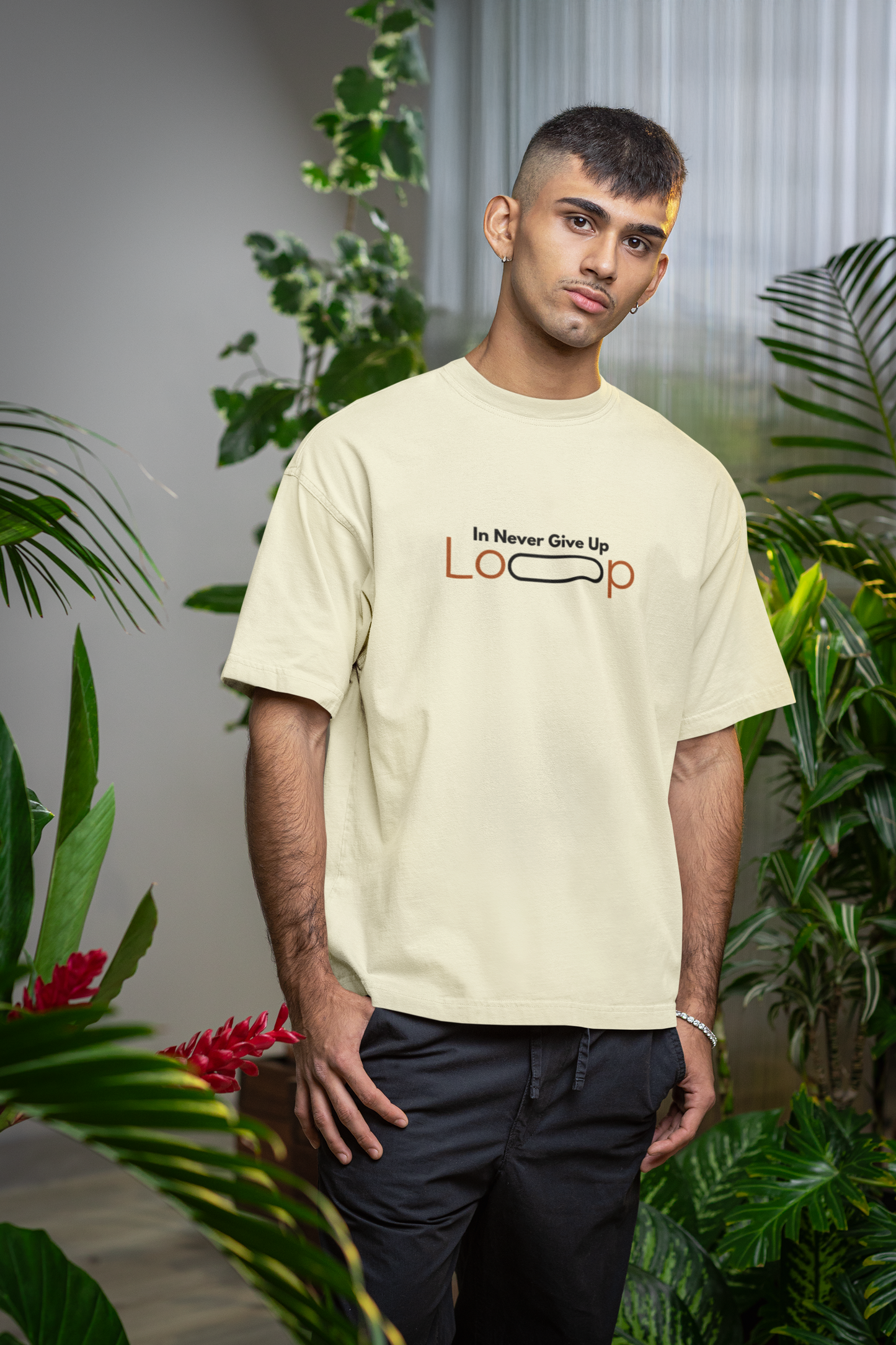 ShirtlessClub – Oversized Gym T-Shirt for Men | Never Give Up Loop Design | 220 GSM Cotton – White / Half White