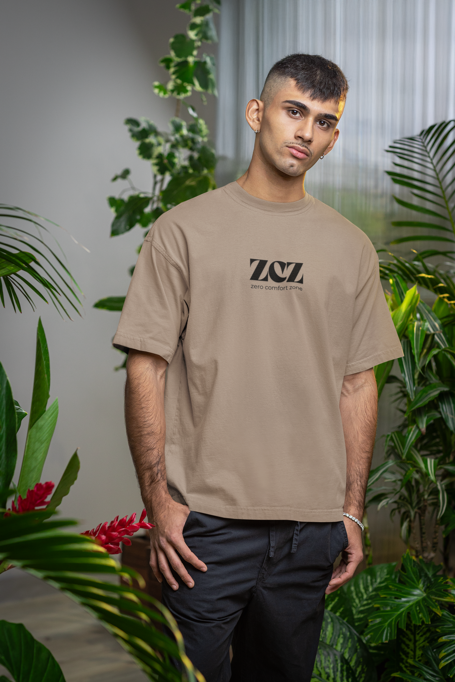 ShirtlessClub – Oversized Gym T-Shirt for Men | ZCZ – Zero Comfort Zone | 220 GSM Heavy Cotton – White / Taupe