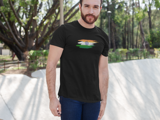 ShirtlessClub – Black Men’s Round Neck T-Shirt | Indian Flag Tricolor Print | 100% Cotton | Independence Day Special