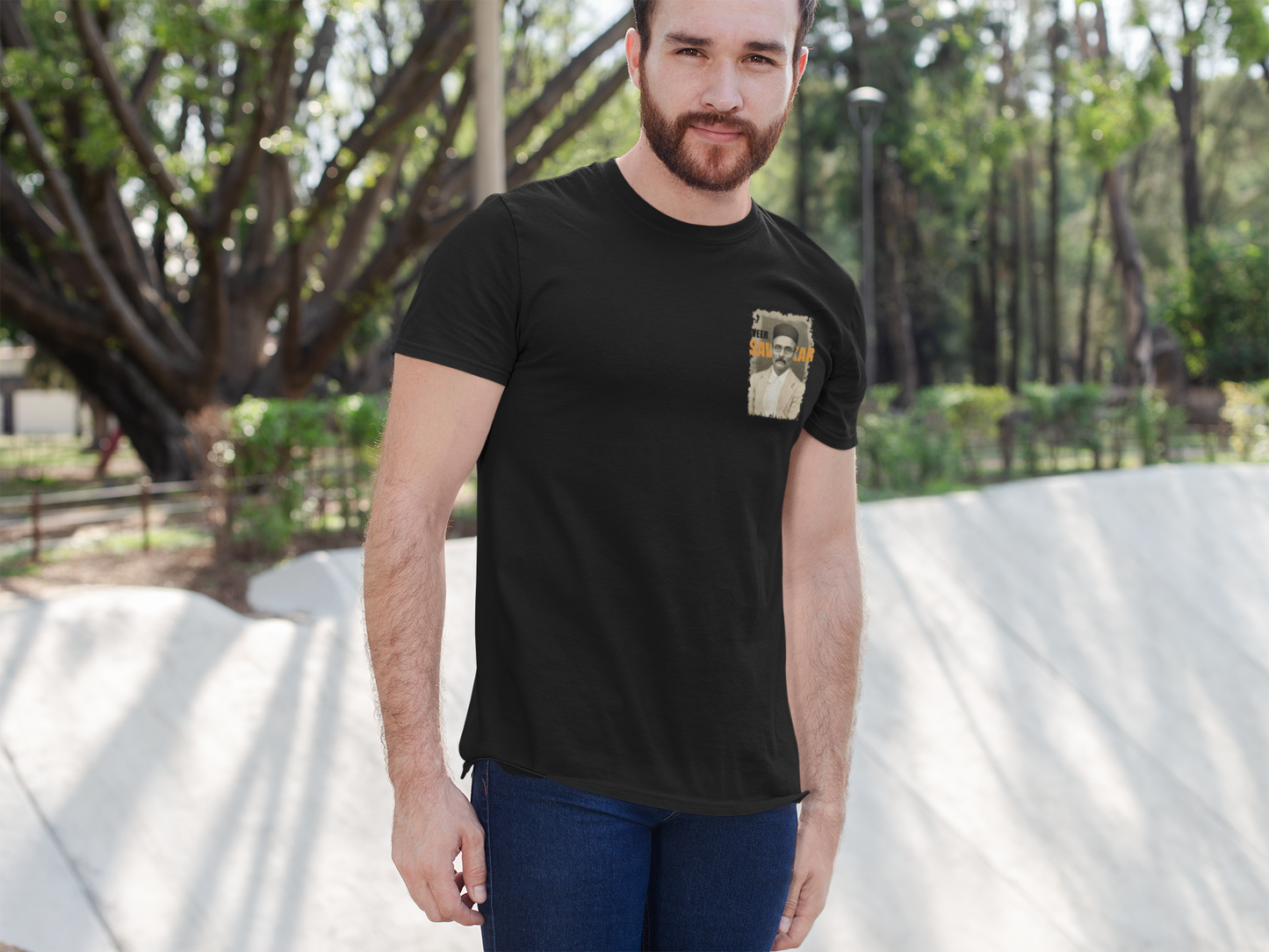 ShirtlessClub – Men’s Round Neck Independence Day T-Shirt | Veer Savarkar Chest Print | 100% Cotton – Black