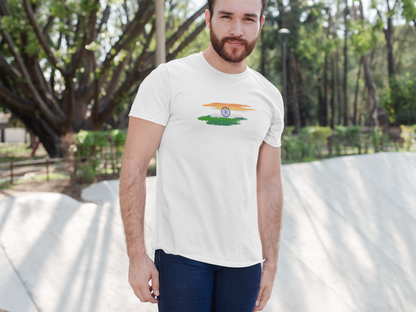 ShirtlessClub – Men’s Round Neck White T-Shirt | Indian Flag Tricolor Print | 100% Cotton | Independence Day Special