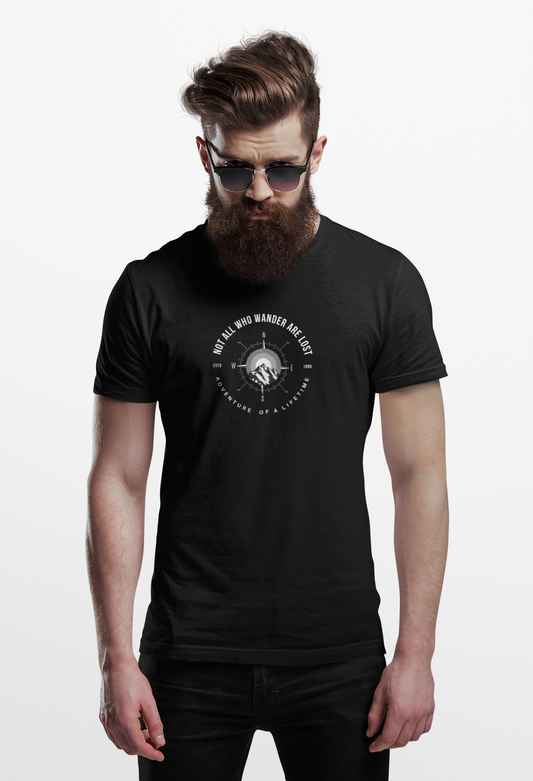 ShirtlessClub Men's Black Adventure of a LifetimeT-Shirt | “Not All Who Wander Are Lost” | Navigation Compass Tshirt | Regular Fit Cotton Tee | Travel, Trekking & Gymwear