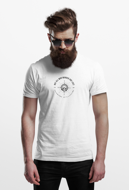 ShirtlessClub Men's White Adventure of a LifetimeT-Shirt | “Not All Who Wander Are Lost”|Navigation Compass Tshirt | Regular Fit Cotton Tee | Travel, Trekking & Gymwear