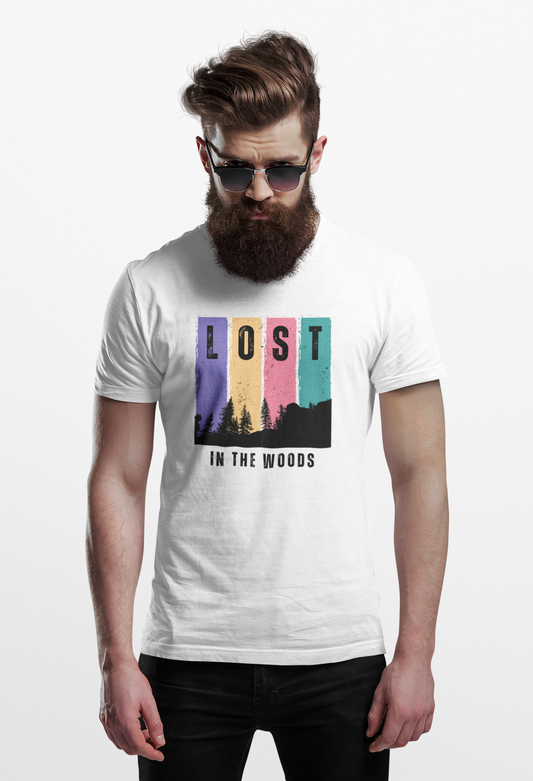 ShirtlessClub Men's White Adventure T-Shirt | “Lost in the Woods” Print | 100% Cotton | Regular Fit Round Neck Tee for Travel & Trekking