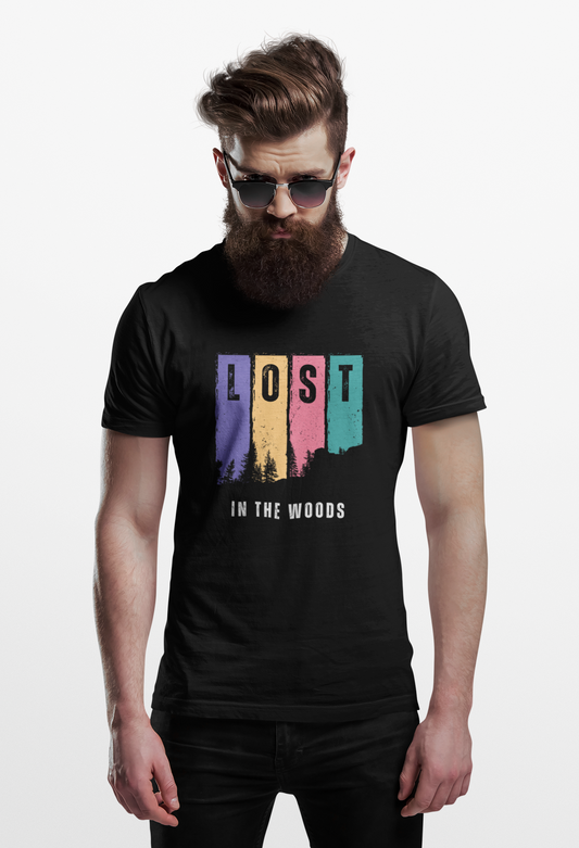 ShirtlessClub Men's Black Adventure T-Shirt | “Lost in the Woods” | 100% Cotton | Round Neck | Regular Fit for Travel & Trekking