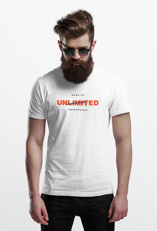 ShirtlessClub Men's White Adventure T-Shirt | 100% Cotton Regular Fit | "Made of Adventures" Graphic Tee | Trekking, Gym & Travel Wear