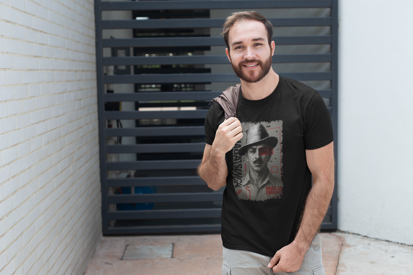 ShirtlessClub – Men’s Round Neck Independence Day T-Shirt | Bhagat Singh Inquilab Zindabad Print | 100% Cotton – Black