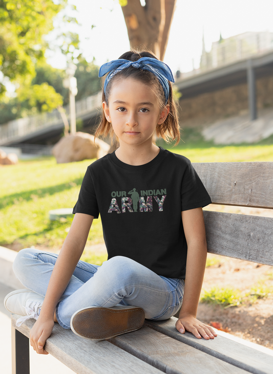 ShirtlessClub – Girl Kids Independence Day T-Shirt | Indian Army Print | Black Cotton Tee