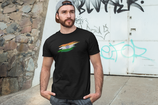 ShirtlessClub – Black Men’s Round Neck T-Shirt | Indian Flag Tricolor Print | 100% Cotton | Independence Day Special