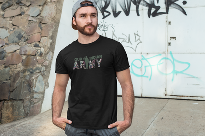 ShirtlessClub – Men’s Round Neck Independence Day T-Shirt | “Our Indian ARMY” Military Print | 100% Cotton – Black
