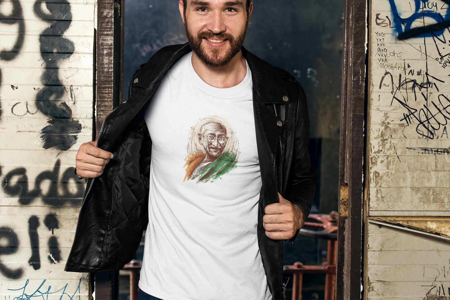 ShirtlessClub – Men’s Round Neck Independence Day T-Shirt | Mahatma Gandhi Chest Print | 100% Cotton – White