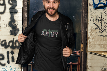 ShirtlessClub – Men’s Round Neck Independence Day T-Shirt | “Our Indian ARMY” Military Print | 100% Cotton – Black