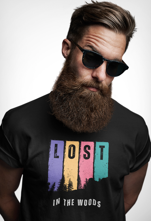 ShirtlessClub Men's Black Adventure T-Shirt | “Lost in the Woods” | 100% Cotton | Round Neck | Regular Fit for Travel & Trekking
