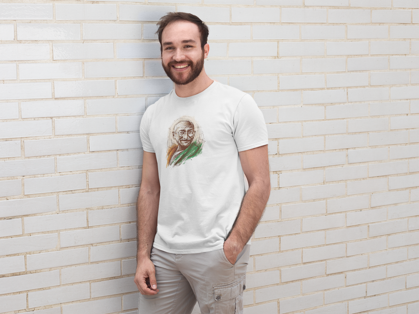 ShirtlessClub – Men’s Round Neck Independence Day T-Shirt | Mahatma Gandhi Chest Print | 100% Cotton – White