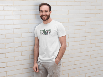 ShirtlessClub – Men’s Round Neck Independence Day T-Shirt | “Our Indian ARMY” Chest Print | 100% Cotton – White